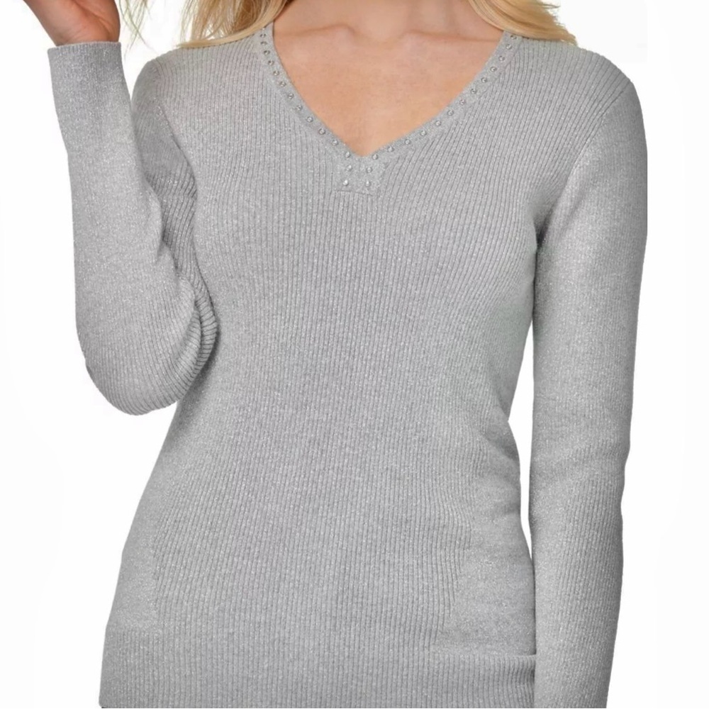 DKNY M Sparkly silver metallic thread grey ribbed V-neck knit top Size Medium
